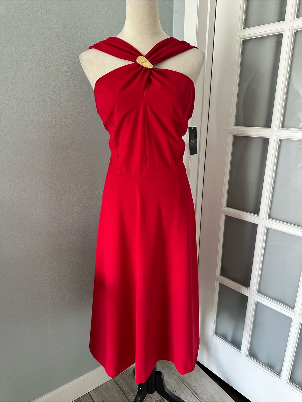 Tahari Red One-Shoulder Dress with Gold Accent